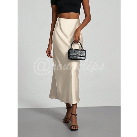 Champagne Beige Satin A-Line Skirt High Waisted Long - Picture 4 of 10